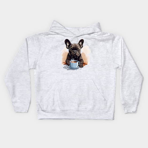 French Bulldog Drinking Coffee Kids Hoodie by Graceful Designs